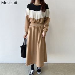 Color-blocked Lambswool Spliced Sweatshirt Dress Women Winter Full Sleeve O-neck Long Dresses Fashion Korean Casual Vestido 210513