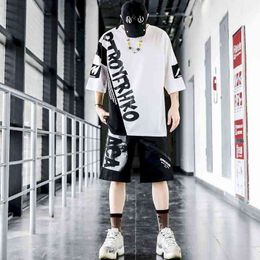 Men's Suits Sports Youth Casual Men Clothing Set Loose Oversized T-shirt Sweatpants Brand Korean Trend Hip-hop Two Piece Sets G1222