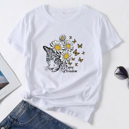 Women's T-Shirt Leopard Flower Butterfly Print Tshirt Summer Women Short Sleeve T Shirt Female Graphic Lady Daily Loose O-Neck Tees Tops