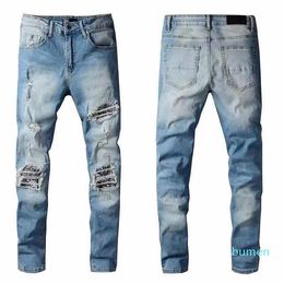 European and American summer hip-hop high-street fashion brand jeans, washable retro torn fold stitching men's designer motorcycle slim-2021