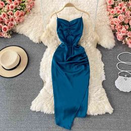 Summer Dress Retro Solid Color Design Sense of Scheming Backless Irregular Dress with Diamond Suspenders 210709