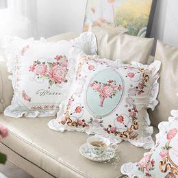 French Noble Pillow Case Cushion Cover Pink Floral Cojines Decorativos Para Sofa Elegant Ruffle Throw Pillows Cushions Coussin Cushion/Decor