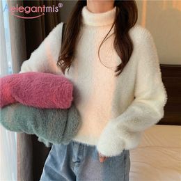 Aelegantmis 3 Colour Solid White Soft Turtleneck Mink Cashmere Pullover Women Elegant Sweater Oversize Casual Female 210607