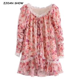 Sweet Lacing Stitching Floral Print Pink Chiffon Long Sleeve Ruffles Dress Women Single-breasted Buttons Mini Dresses Holiday 210429