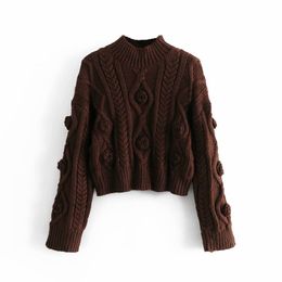 Vintage Woman Loose Burgundy Mock Neck Crochet Sweater Winter Fashion Ladies Thick Tops Female Casual Warm Knitwear 210515