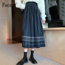 Spring Winter woman Floral Print A-Line Long Woollen Skirts Maxi Casual Skirt mujer faldas drop wholesale 210520