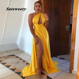 Yellow Evening Dress One Shoulder Pleats Sexy Prom Dresses High Side Split Formal Party Gown robe de soiree