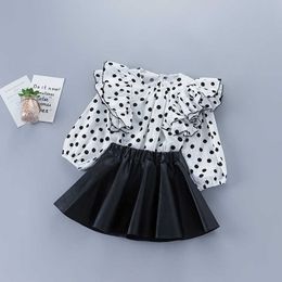 2-7 years high quality girl clothing set autumn fashion polka dot solid shirt + leather skirt kid children 210615