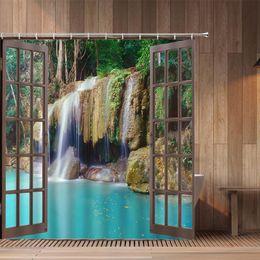 Shower Curtains Window Scenery Flower Bird Forest Waterfall Natural Landscape Bathroom Bathtub Decor Bath Screen Waterproof Set