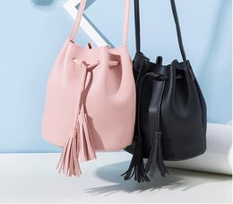 Fashion Women Shoulder Bags Leather Cross body Purse tassel drawstring bucket bag