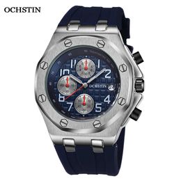OCHSTIN 2021 New Mens Watches Quartz Rubber Band 3ATM Top Luxury brand Waterproof Sport Chronograph Blue Wristwatch Clock X0625