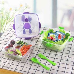 Vegetable Fruit Salad Box Eco-friendly Lunch with Tableware Portable Food Container for Picnic School Office 210423