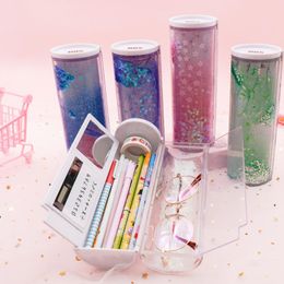 Pencil Bags Translucent Cylindrical Box Large Capacity Cases Pen Holder With Mirror Calculator For School Stationery