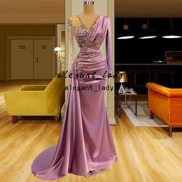 Robe De Soiree Long Sleeve Evening Pageant Dresses 2022 Lavender Beaded Crystal Arabic Mermaid Aso Ebi Prom Formal Dress