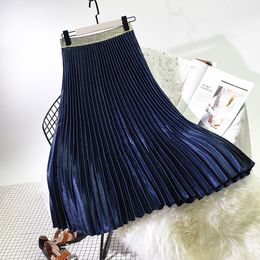 Qooth Winter Women Elegant Pleated Skirt Elastic Waist Women Long Skirt Female Autumn Ladies High Quality Midi Skirt Saia 210518