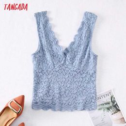 Tangada Summer Sexy V Neck Women Floral Blue Lace Tank Top Sleeveless Backless Female Tops CE242 210609