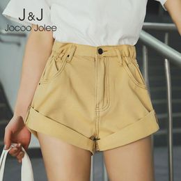 Jocoo Jolee Korean Wide Leg Denim Shorts Vintage Elastic High Waist Cuffed Jean Shorts Summer Casual Solid Short Jeans 210518