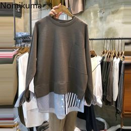 Nomikuma Causal Stripe Patchwork Pullover Sweatshirt Korean Fake Two Pieces Long Sleeve Hoodies Autumn Winter Jumper 6D280 210427