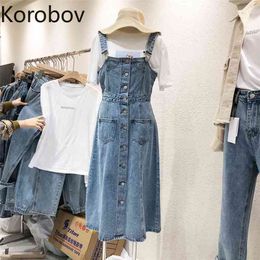 Korobov Preppy Style Women Denim Dress Korean Solid Single Breasted Dresses Vintage Preppy Style Robe Femme 2a514 210430