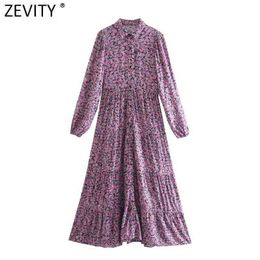 ZEVITY New Women Sweet Flower Print Pleats Design Midi Shirt Dress Female Chic Long Sleeve Breasted Brand Party Vestidos DS9059 Y1204