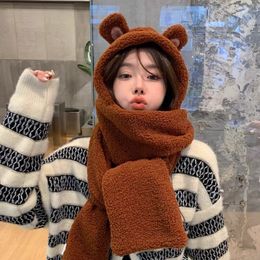 M406 New Winter Cute Bear Hat Scarf Pocket Wholeness Women's Students Thick Earmuff Neck Warm Faux Fur Plush Caps Hat Scarf