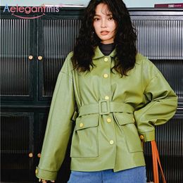 Aelegantmis High Street Casual Slim Women Pu Leather Jacket Green Autumn Soft Faux With Belt Ladies Basic Coats 210607