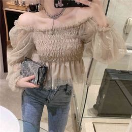 Chiffon Blouse Women Temperament Chic Korean Bling Blusas Gauze Puff Sleeve Short Shirts Square Collar Pleated Tops 210510