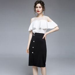 Summer Women's Fashion 2 piece Sets Dew shouder Ruffles Shirts Top + single-breasted Black Skirt Two-piece Lady Girls Ski 210514