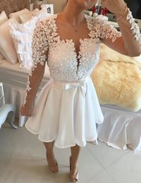 White Short Homecoming Dresses Vestido De Festa Curto Lace Long Sleeve Pearls Beaded Dresses Graduation Prom Gowns