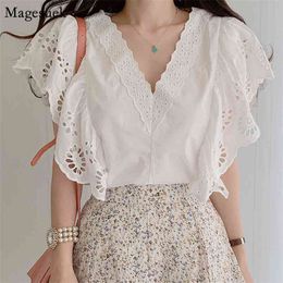 Korean Embroidery Hollow Out Tops For Women Summer Ruffled Lace Shirt Fashion V-neck Loose Ladies Blouse Blusas 13947 210512