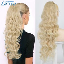 hair color clip on extensions Australia - Lativ Synthetic Long Wavy Ponytail Ash Blonde Color Drawstring Ponytail Clip-on Hair Extensions For Women Black Blond Daily Use 220217