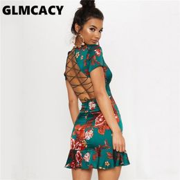 Women Green Criss Cross Back Frill Hem Shift Dress Streetwear Sheath Flora Print Short Sleeve Above Knee Mini Summer Party Dress 210730