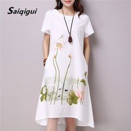 Saiqigui Summer Plus Size Short Sleeve White Women Casual Cotton Linen Dress Lotus Printing O-Neck Vestidos de Festa 210329