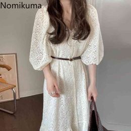 Nomikuma Korean Chic Elegant Dress Women V Neck Puff Sleeve Lace Hook Flower Cut Out Dresses Single Breasted Robe with Belt 210514