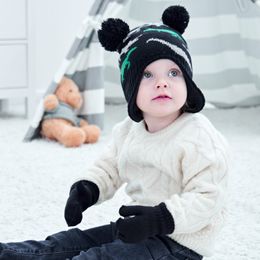 New Winter Warm Baby Dinosaur Knitted Hat Mitten Set Child Babies Earmuff Wool Ball Hats Beanie Gloves Kids Hat + Gloves 2pcs/set