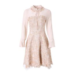 Dress Tweed Chiffon Patchwork Mini Short Fit And Flare Elegant Sweet Turn Down Collar Champagne Long Sleeve D0813 210514