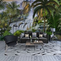 Custom Mural Wallpaper 3D Stereo Waterfall Tropical Rainforest Landscape Fresco Living Room Sofa Bedroom Backgrouund Wall Decor