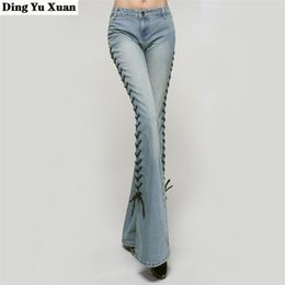 Big Flare Denim Pants Female Side Bandage Bell Bottom Jeans Vintage Long Trouser Slit Lace Up Flared High Fashion 210809