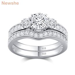 she 2 Pieces Solid 925 Sterling Silver Wedding Ring Set For Women 3 Stones Engagement Bridal Classic Jewelry Gift BR1099 211217