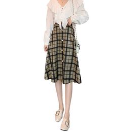 PERHAPS U Women Cute Skirt High Waist Grey Coffee Plaid Knee-length Skirts Saias Elegant Korean Mori Girl Skirt S3007 210529