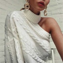 Trendy Women clothes Long Sleeve Knitted One Shoulder Sweater solid Turtle Neck pullover Outwear one pieces T200728