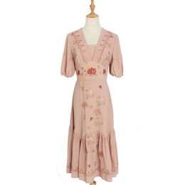 Women Dress Pink V Neck Vintage Floral Embroidery Puff Sleeve Knee Length Elegant D1232 210514