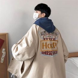 Men's jacket Korean trend casual loose Hong Kong style embroidery Safari handsome men's Preppy Style Streetwear 211214