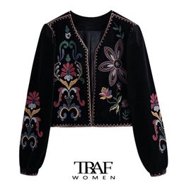 TRAF Za Women Fashion Contrast Embroidery Velvet Crop Open Blazer Coat Vintage Long Sleeve Female Outerwear Chic Veste Femme 220216