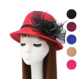 Autumn and winter noble gauze feather big flower top hat, ladies imitation woolen bowl hat Fashion Accessories cap Cloches Hats