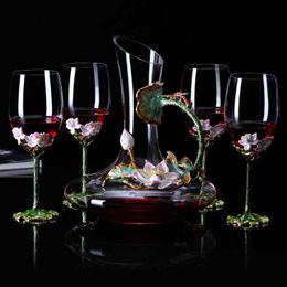 Household Enamel Red Wine Glass Decanter Set, Lotus Wine Glass, Champagne Glass, Goblet Wedding Gift 210326