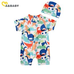 1-6Y Summwer Children Kid Boys Swimsuit Swimwear Cartoon Dinosaur Short Sleeve Beachwear Bathing Suit 210515