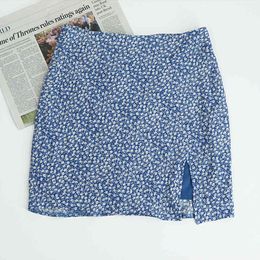 Sexy High Waist A line Floral Print Skirts Vintage Tartan blue women short skirt Slim Retro sexy Skirt 210510