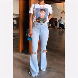 Spring Summer High Waist Mom Jeans Flare Denim Bell Bottom Ripped For Women Plus Size Female Skinny Woman 210915