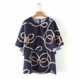 retro printing laminated frill shawl smock women loose blouses casual lady shirt fashion o neck tops chemise S5172 210430